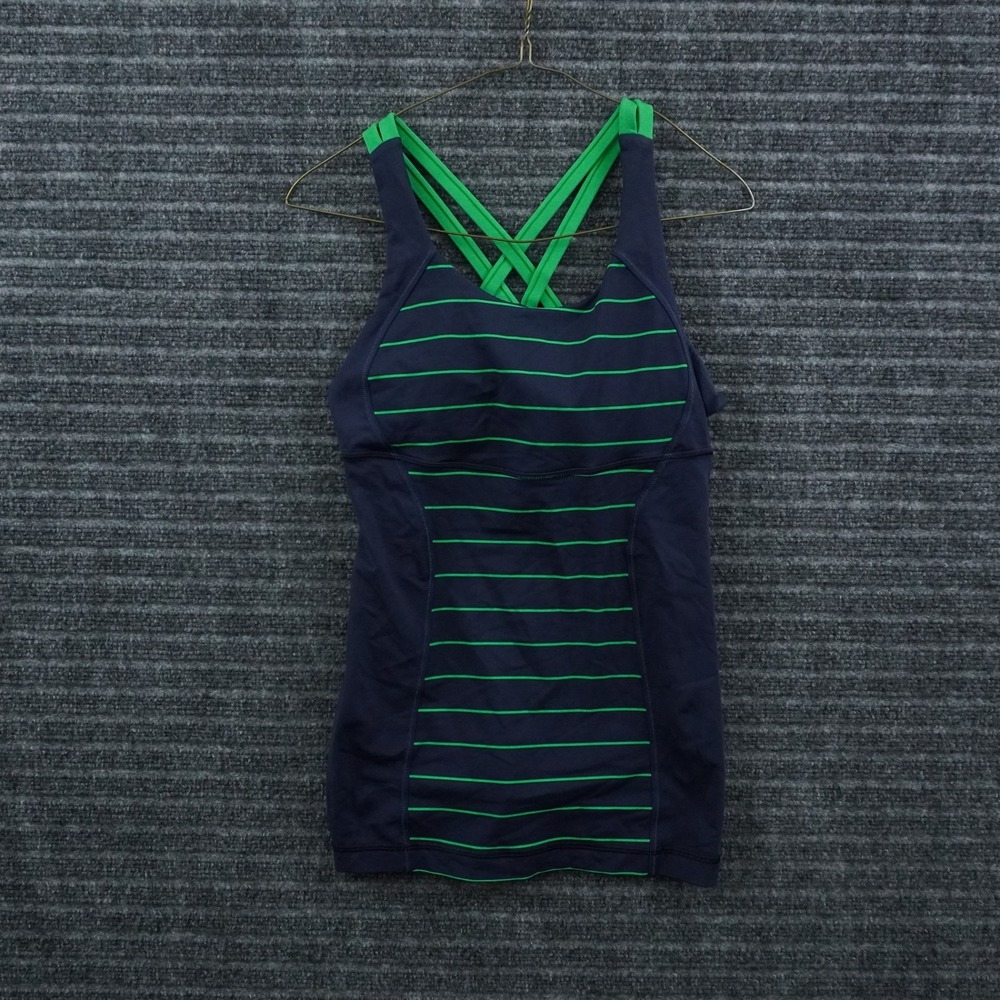 Lululemon Tank Top Womens 4 Navy Blue Green Striped Strappy Back Built-in Bra